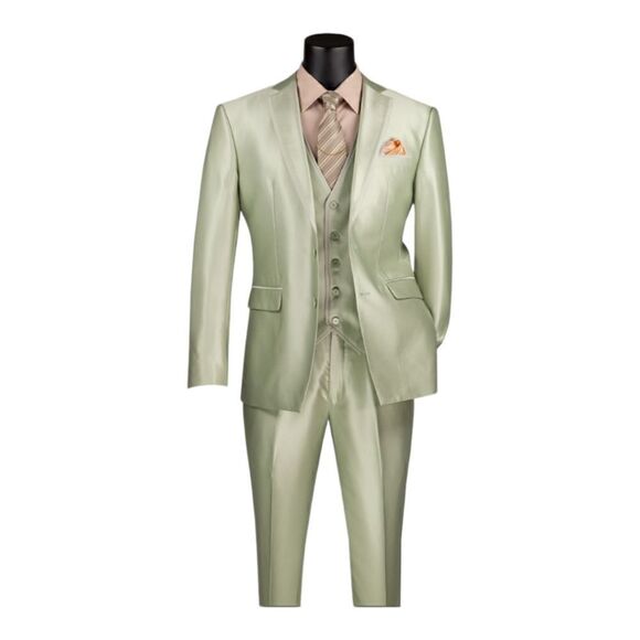 MEN'S VINCI 3 PIECE SLIM FIT SUIT LIGHT SAGE SATIN LOOK FABRIC. SV2D-1 - Picture 1 of 2